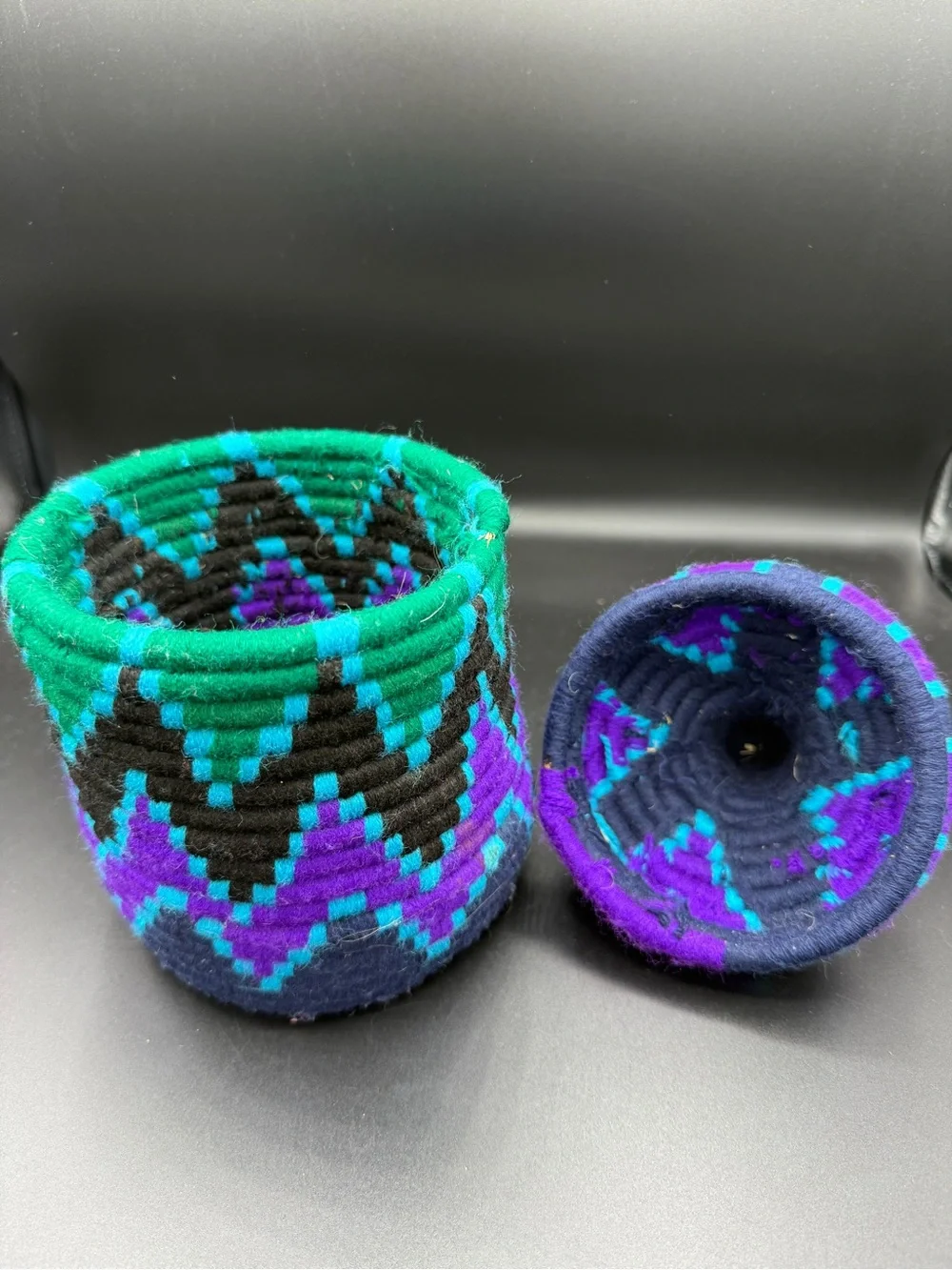 Handwoven Berber Basket w/ Lid Handmade Storage Geometric Pattern